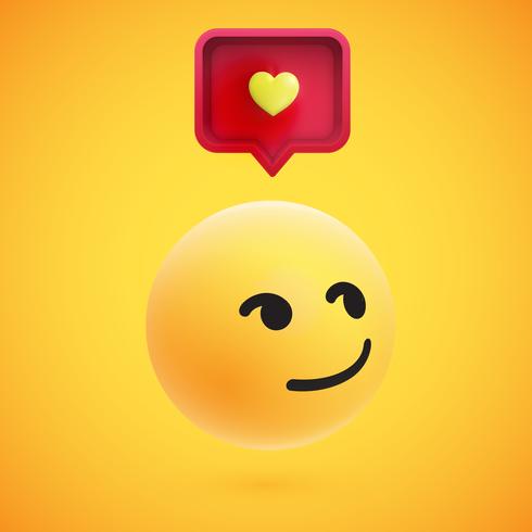 Lindo emoticono amarillo 3D de alto nivel con bocadillo y corazón para web, ilustración vectorial vector