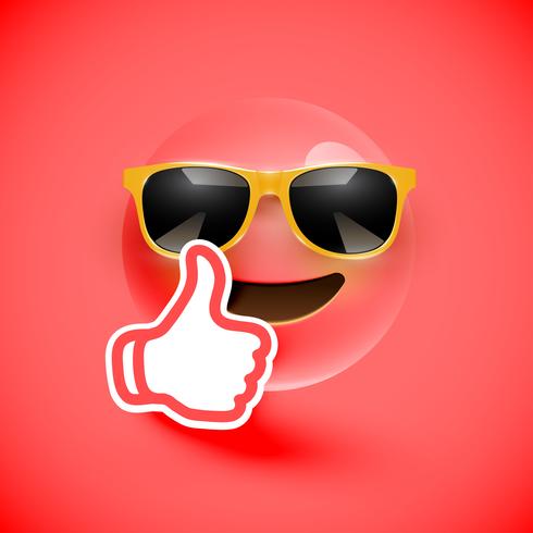 Realistic emoticon with sunglasses and thumbs up, vector illustration