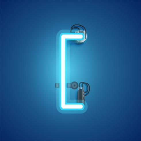 Blue realistic neon character with wires and console from a fontset, vector illustration