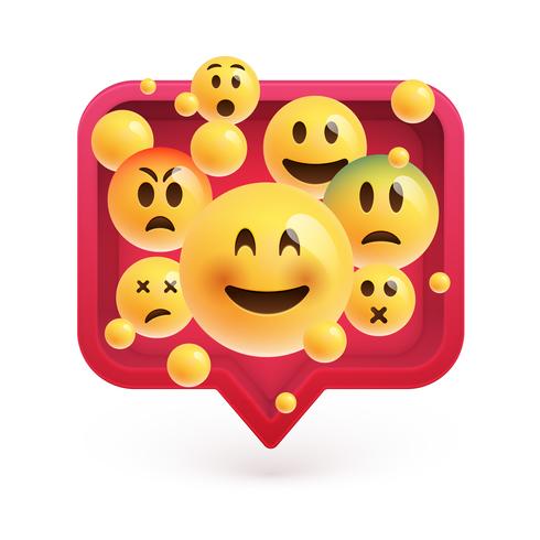 Emoticonos altamente detallados en un bocadillo rojo 3D, ilustración vectorial vector