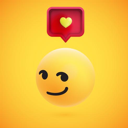 Cute high-detailed yellow 3D emoticon with speech bubble and heart for web, vector illustration