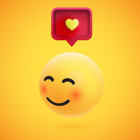 Lindo emoticono amarillo 3D de alto nivel con bocadillo y corazón para web, ilustración vectorial vector