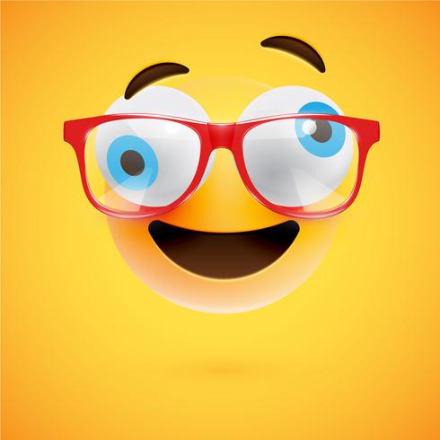 3D yellow emoticon with eyeglasses, vector illustration