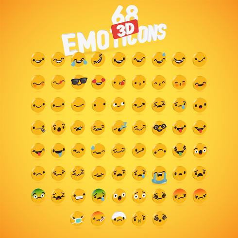 Yellow high detailed 3D disc emoticon set, vector illustration