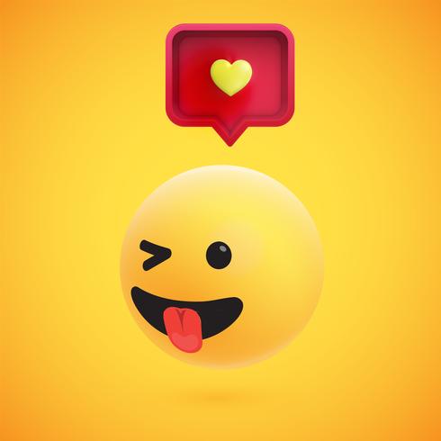 Cute high-detailed yellow 3D emoticon with speech bubble and heart for web, vector illustration