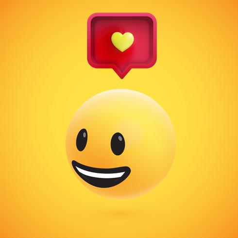 Cute high-detailed yellow 3D emoticon with speech bubble and heart for web, vector illustration