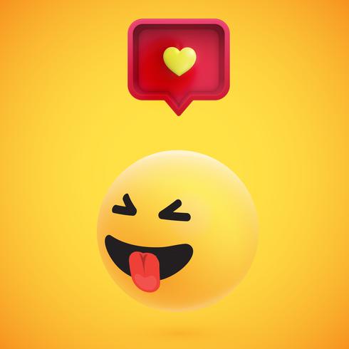 Cute high-detailed yellow 3D emoticon with speech bubble and heart for web, vector illustration