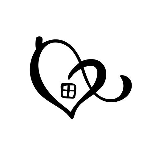 Casa de caligrafía sencilla con corazón. Icono real del vector. Consuelo confort y protección. Arquitectura de construcción para el diseño. Elemento de logotipo dibujado a mano vintage casa arte vector