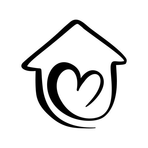 Simple Calligraphy House with heart. Real Vector Icon. Consept comfort and protection. Architecture Construction for design. Art home vintage hand drawn Logo element