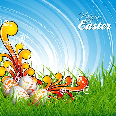 easter illustration with color painted eggs on spring background vector