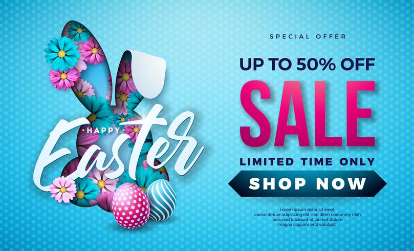 Easter Sale Illustration with Color Painted Egg, Spring Flower and Rabbit Ears  vector