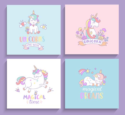 Conjunto de tarjetas de felicitación de unicornios mágicos. vector