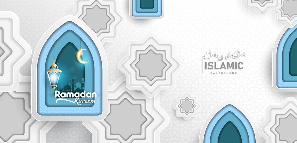 Ramadan Kareem Background arte de papel o estilo de corte de papel con linterna Fanoos, luna creciente y fondo de Mezquita. Para banner de web, tarjeta de felicitación y plantilla de promoción en Ramadan Holidays 2019. vector