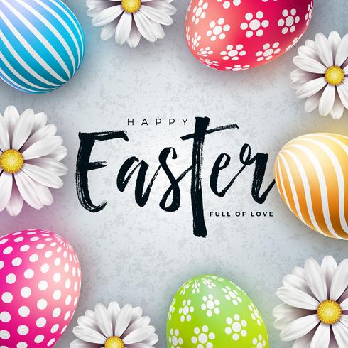 Ejemplo feliz de Pascua con el huevo pintado colorido y la flor de la primavera vector