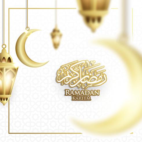 Hanging Ramadan Lantern or Fanoos Lantern  Crescent moon Background in Blurry Concept. For Web banner, greeting card  Promotion template in Ramadan Holidays 2019. vector