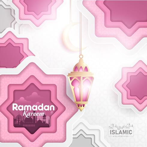 Ramadan Kareem Background paper art or paper cut style with Fanoos lantern, Crescent moon  Mosque Background. For Web banner, greeting card  Promotion template in Ramadan Holidays 2019. vector