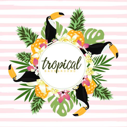 Pineapple, toucan and tropical leaves with stripes seamless pattern backgroun vector