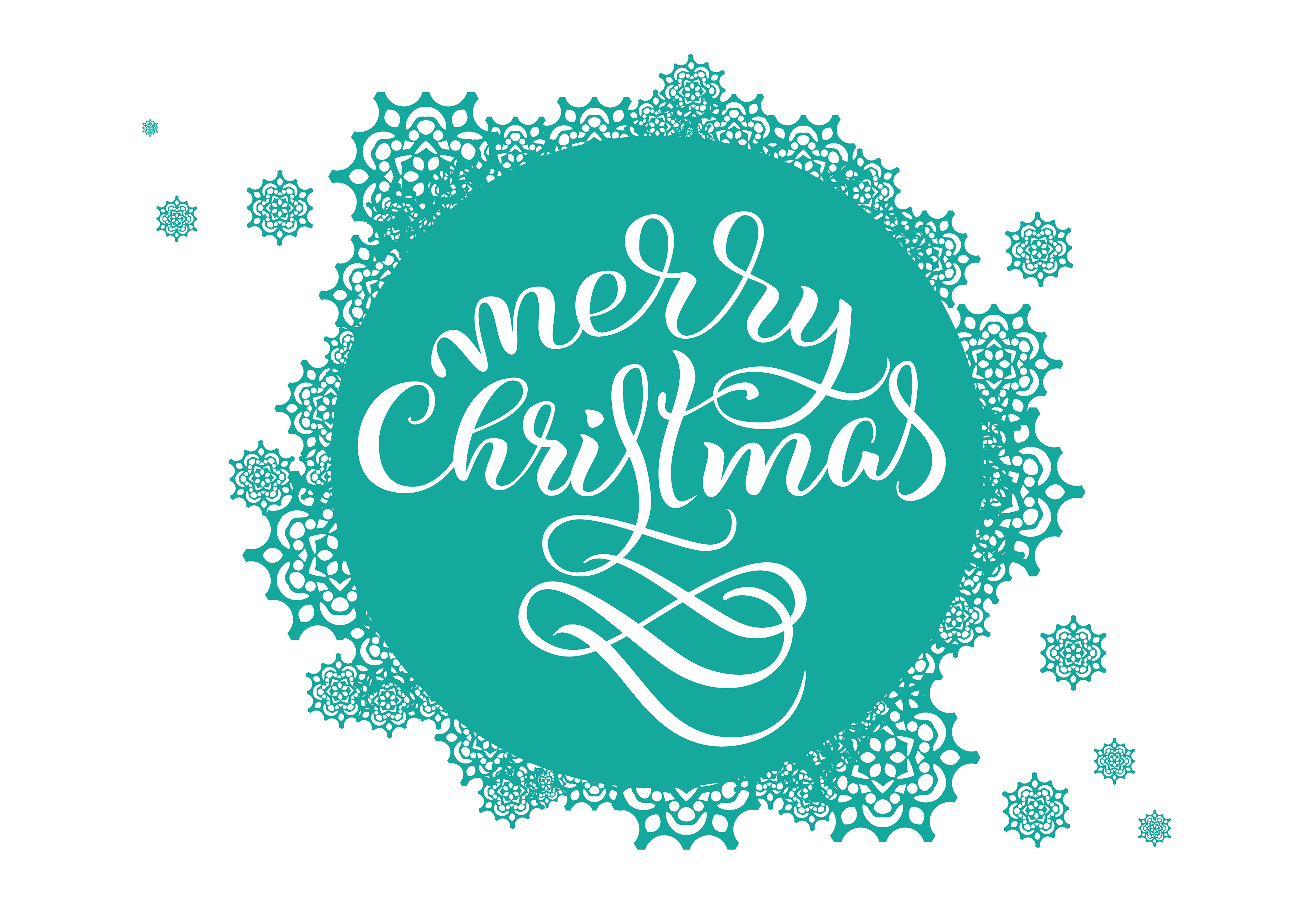 Turquoise round background with snowflakes on white and the text Merry