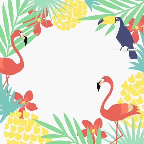 Fondo de hojas de selva tropical con flamencos y tucanes. vector