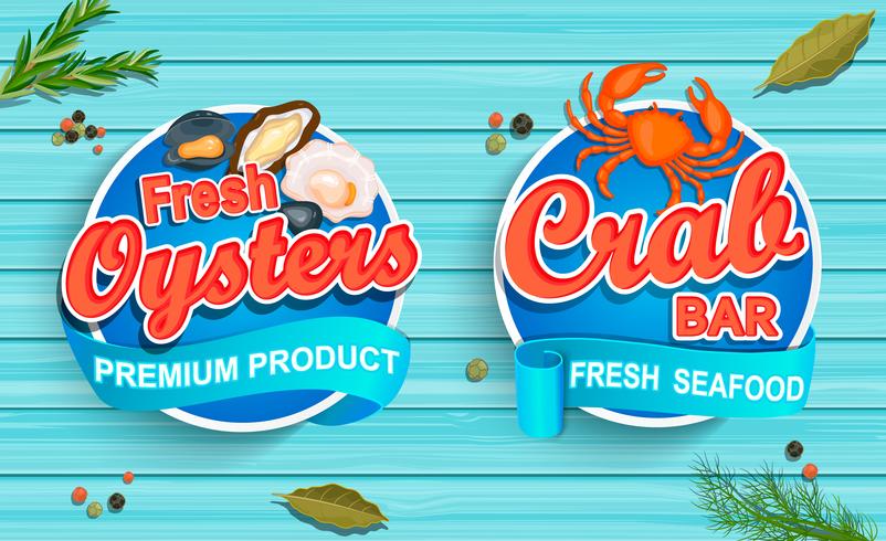 Seafood emblems on blue wooden background vector