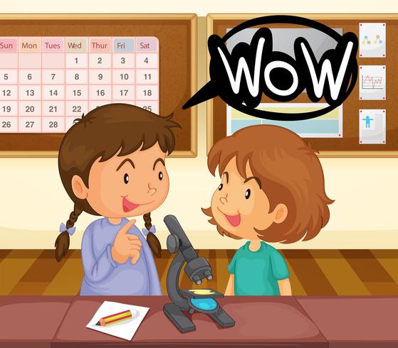 Two girls looking at microscope in classroom vector