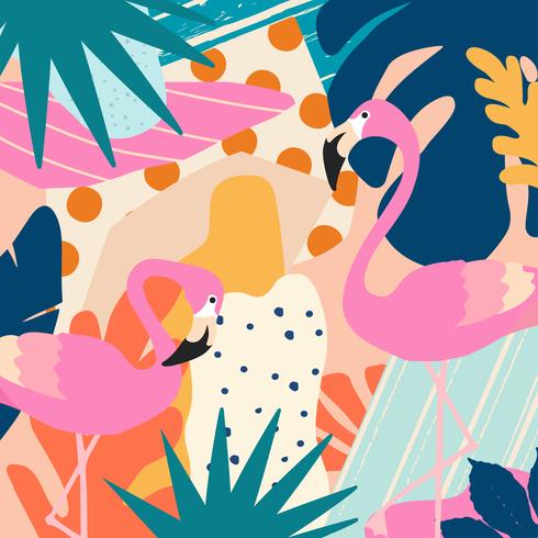 Tropical jungle leaves and flowers poster background with flamingos vector