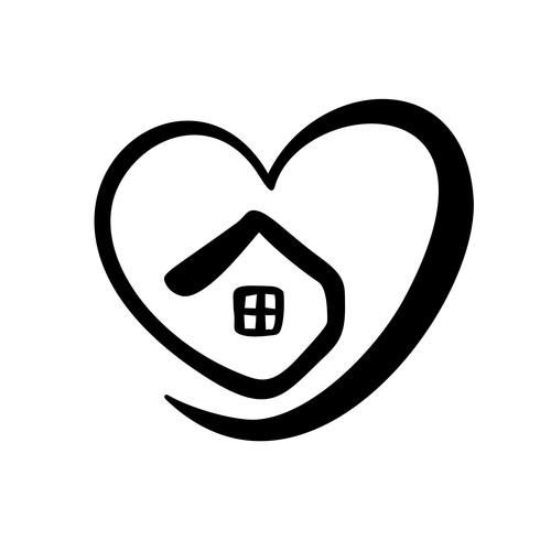 Casa de caligrafía sencilla con corazón. Icono real del vector. Consuelo confort y protección. Arquitectura de construcción para el diseño. Elemento de logotipo dibujado a mano vintage casa arte vector