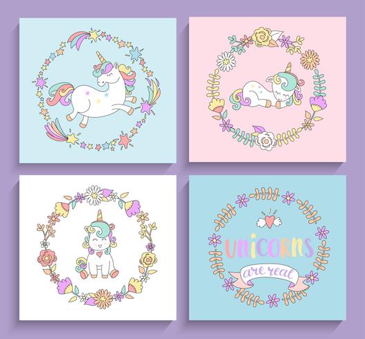 Set of magical unicorns cards with circle frames. vector