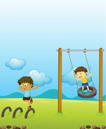 Niños jugando swing vector