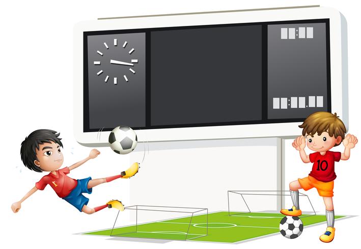 Two boys playing soccer with a scoreboard vector