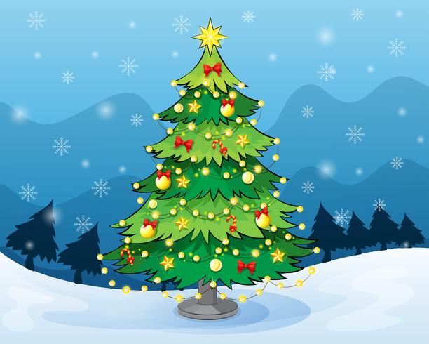 A christmas tree in the middle of the snowy land vector