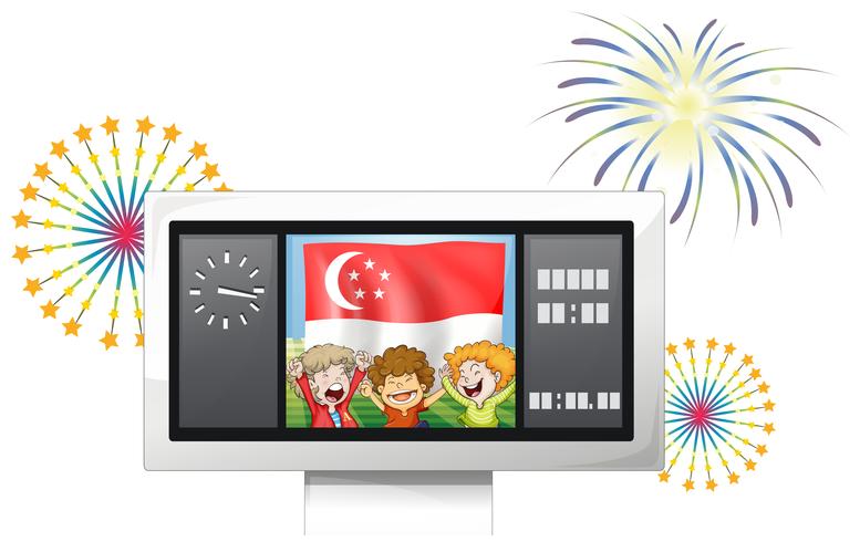 A scoreboard with the Singaporean flag and the three kids vector