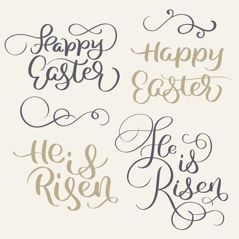 Feliz Pascua y ha resucitado las palabras. Ilustración de vector de caligrafía Vintage letras EPS10