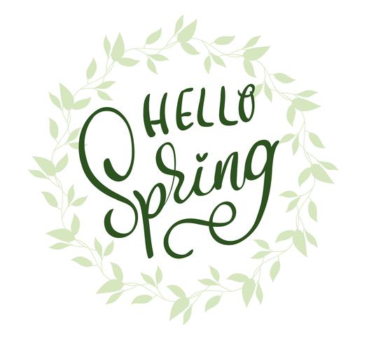 Hello Spring words on white background frame. Calligraphy lettering Vector illustration EPS10