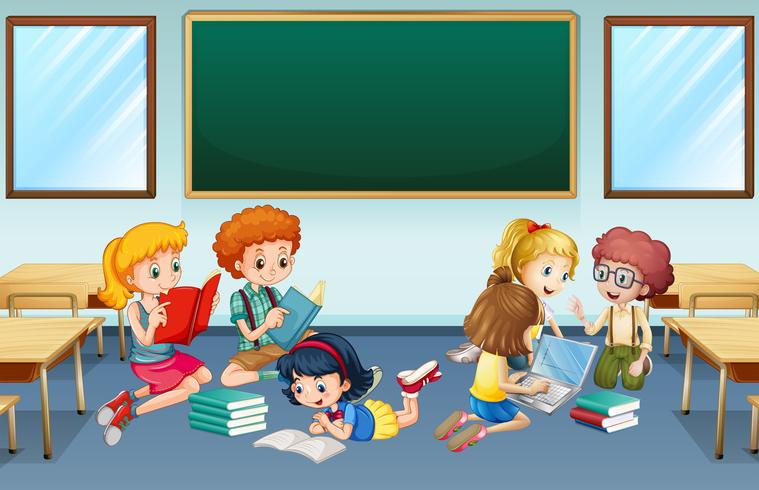 Muchos niños leyendo y trabajando en grupo en la escuela. vector