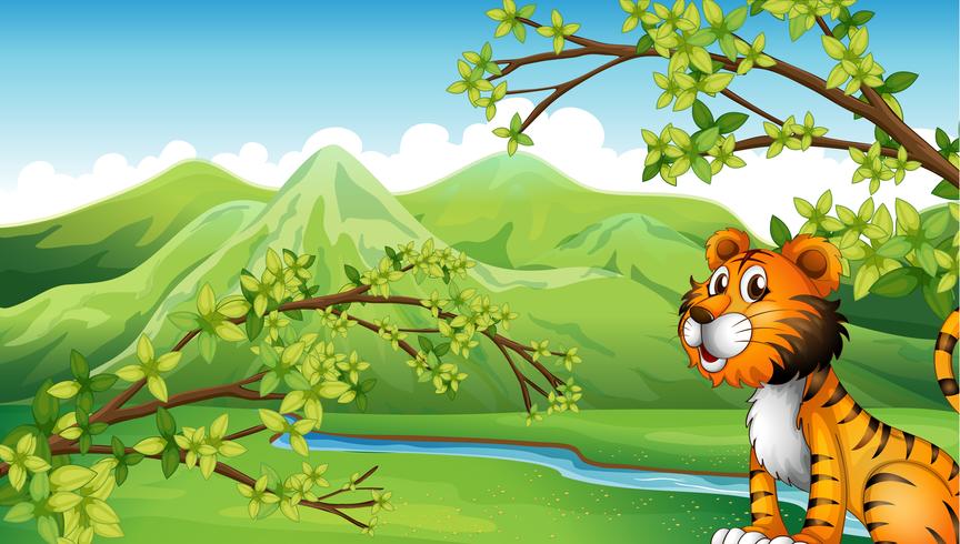 Un tigre en un paisaje de montaña. vector