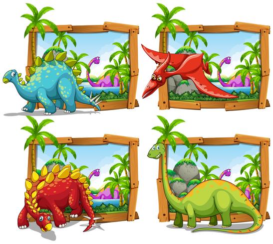 Cuatro escenas de dinosaurios junto al lago. vector