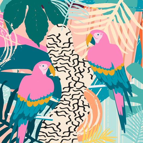 Tropical jungle leaves and flowers poster background with parrots vector