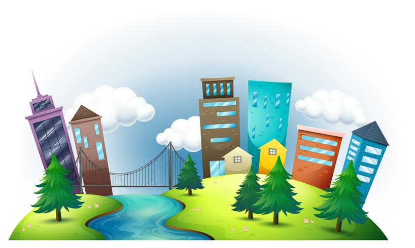 A hill with a river across the tall buildings vector