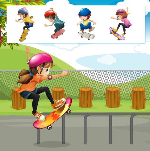 Niños jugando patinetas en el parque vector