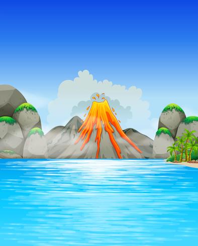 Volcano eruption by the lake vector