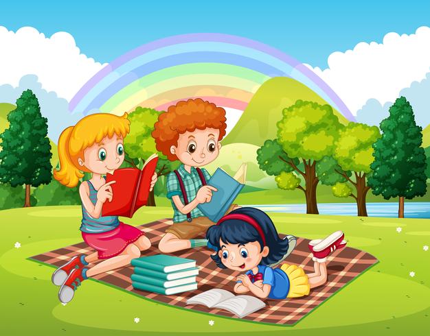 Children reading books in the park vector