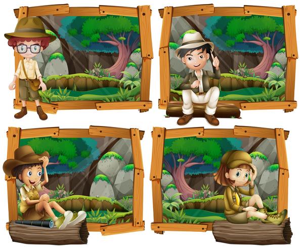 Boys and girl camping in the woods vector