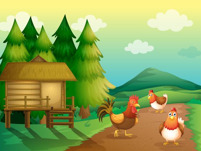 Una granja con gallinas y una casa nativa. vector