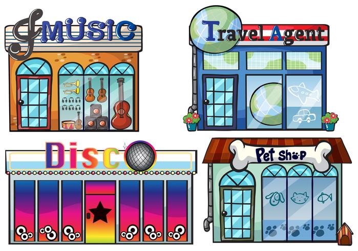 Tienda de música, agencia de viajes, discoteca y tienda de mascotas. vector