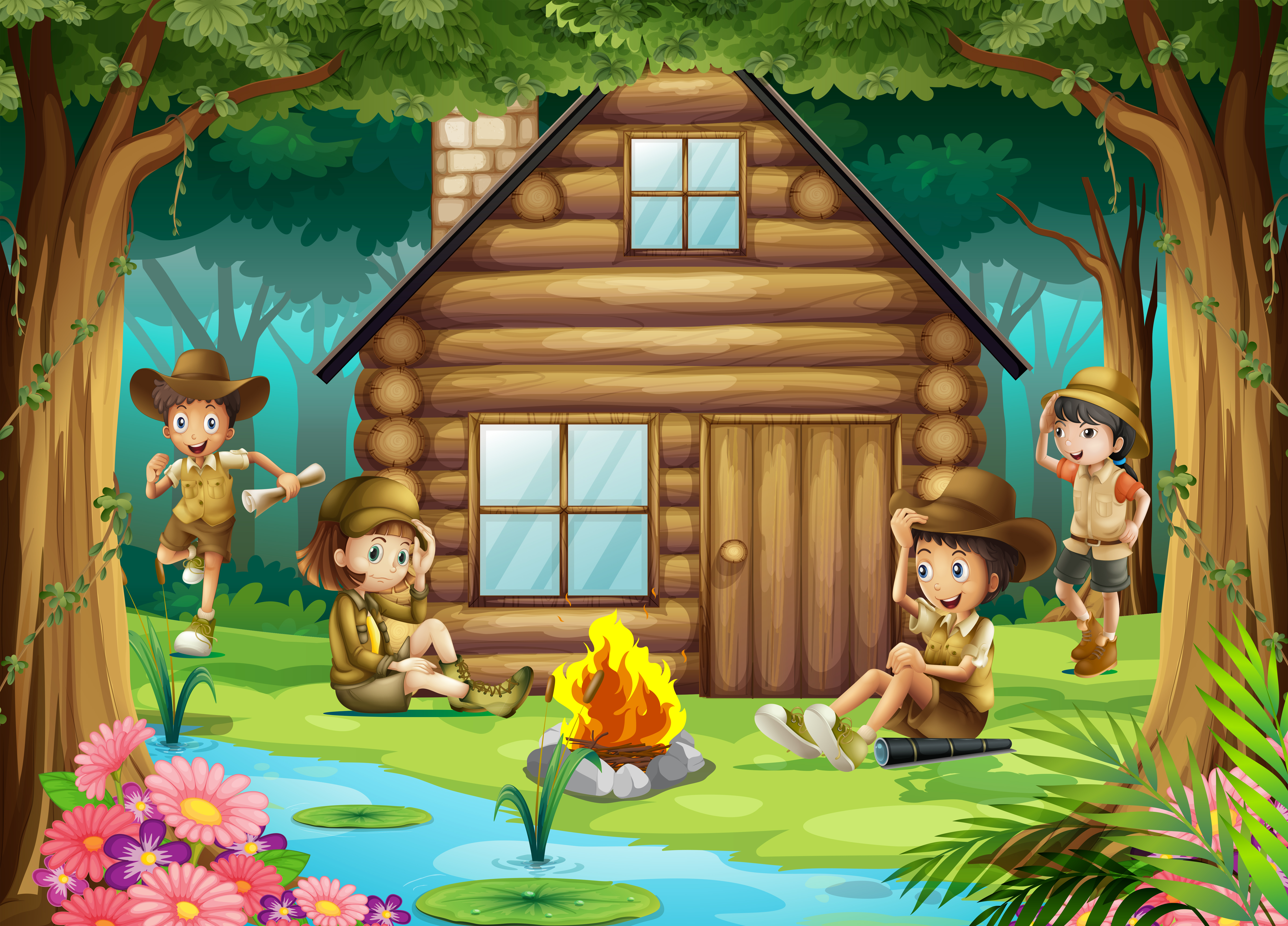 Boys and girls camping out in the woods 416996 - Download ...
