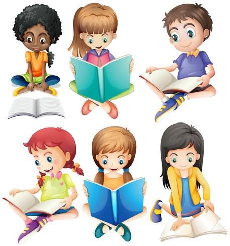 Niños y niñas leyendo libros. vector