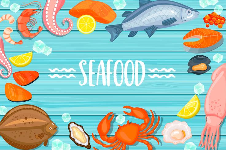 Seafood lettering on blue wooden background vector