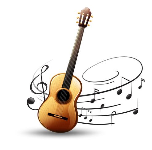 Guitarra clásica con notas musicales en el fondo. vector