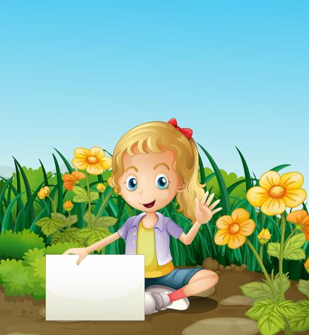 A young girl sitting at the garden with an empty signage vector